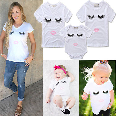 Famliy Matching Newborn Infant Kids Baby Girl Romper Eyelashes lips T Shirts Jumpsuit Bodysuit Clothes Outfits