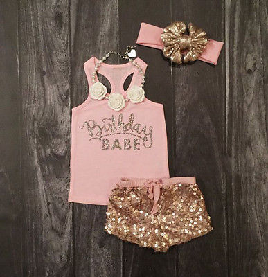 3Pcs Set Newborn Baby Girls Clothes Summer Sleeveless Pink Letter Cotton Top|+Sequin Pants+Headband Outfits Baby Clothes 12-18M