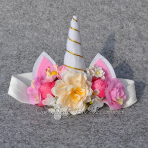 Unicorn  Horn Headband  Tie Back  Floral Crown Handmade Flower Headband  Photo Prop