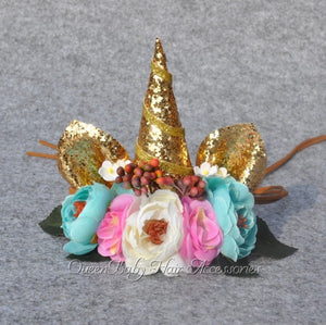 Unicorn  Horn Headband  Tie Back  Floral Crown Handmade Flower Headband  Photo Prop