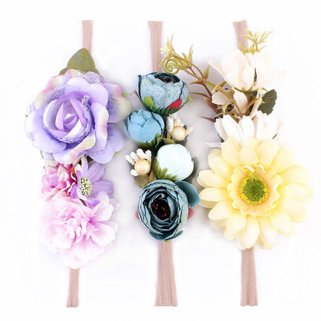 3 Pcs/Set Newborn Flower Headband Nylon Faux Flower Party Flowers Hair Bands Newborn Headwear Photography Props Hair Accessories