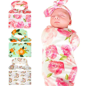 2017 Adorable Newborn Infant Baby Swaddle Blanket Baby Sleeping Swaddle Muslin Wrap Headband Floral Baby Blankets 3Color