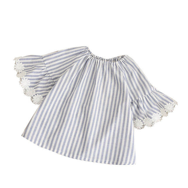 2017 Summer Baby Girls Vintage Dress Striped Sunflower Flare Sleeve Dress Shirt Cute Casual Shirts Vestidos Jurken Kids Clothes