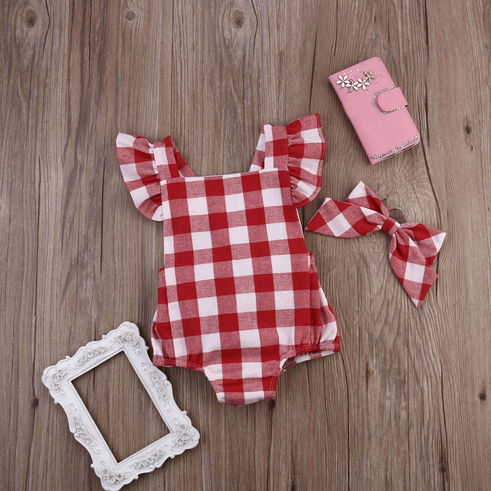 Baby Girl Clothes Rompers 2017 Summer Cute Kids Baby Plaid Romper+Hairpin set Newborn Toddler jumpsuit infantil baby costume