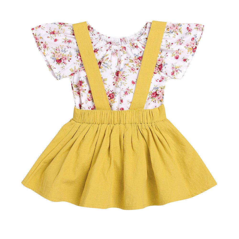 2Pcs Infant Baby Girls Floral Print Rompers Jumpsuit Strap Skirt Outfits Set